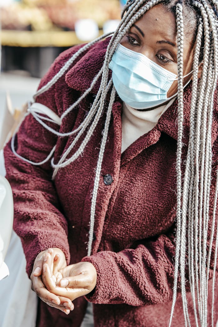 High angle of African American woman with dreadlocks and purple coat and with medical mask on street